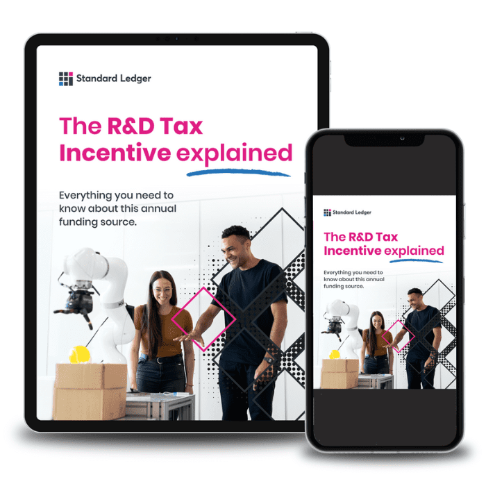 The R&D Tax Incentive Guide ebook cover on tablet and smartphone screens.