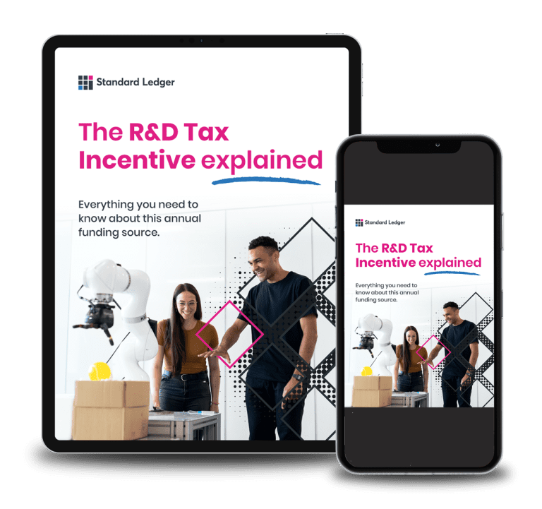 The R&D Tax Incentive Guide ebook cover shown on tablet and smartphone screens.