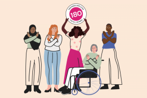 A group of five women. Three are standing and making a cross signal with their arms. One is sitting in a wheelchair and making the same arm signal. The other is holding a WORK180 logo above the group.