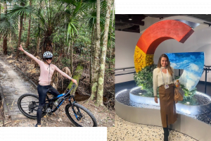 Two pics of Marta Korusiewicz. One shows her on her mountain biking. The other shows her standing in front of a big G for Google statue.