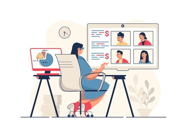 An illustration of a woman sitting at a computer on a video call with investors. There's a pie chart on the screen.