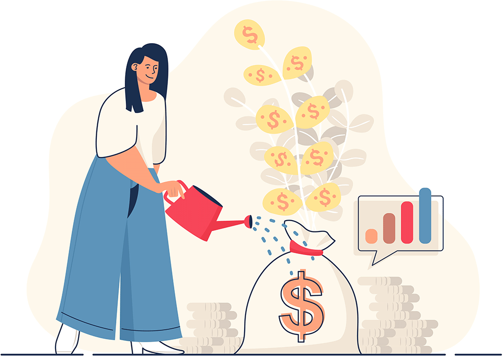 Illustration of a woman watering a bag of money